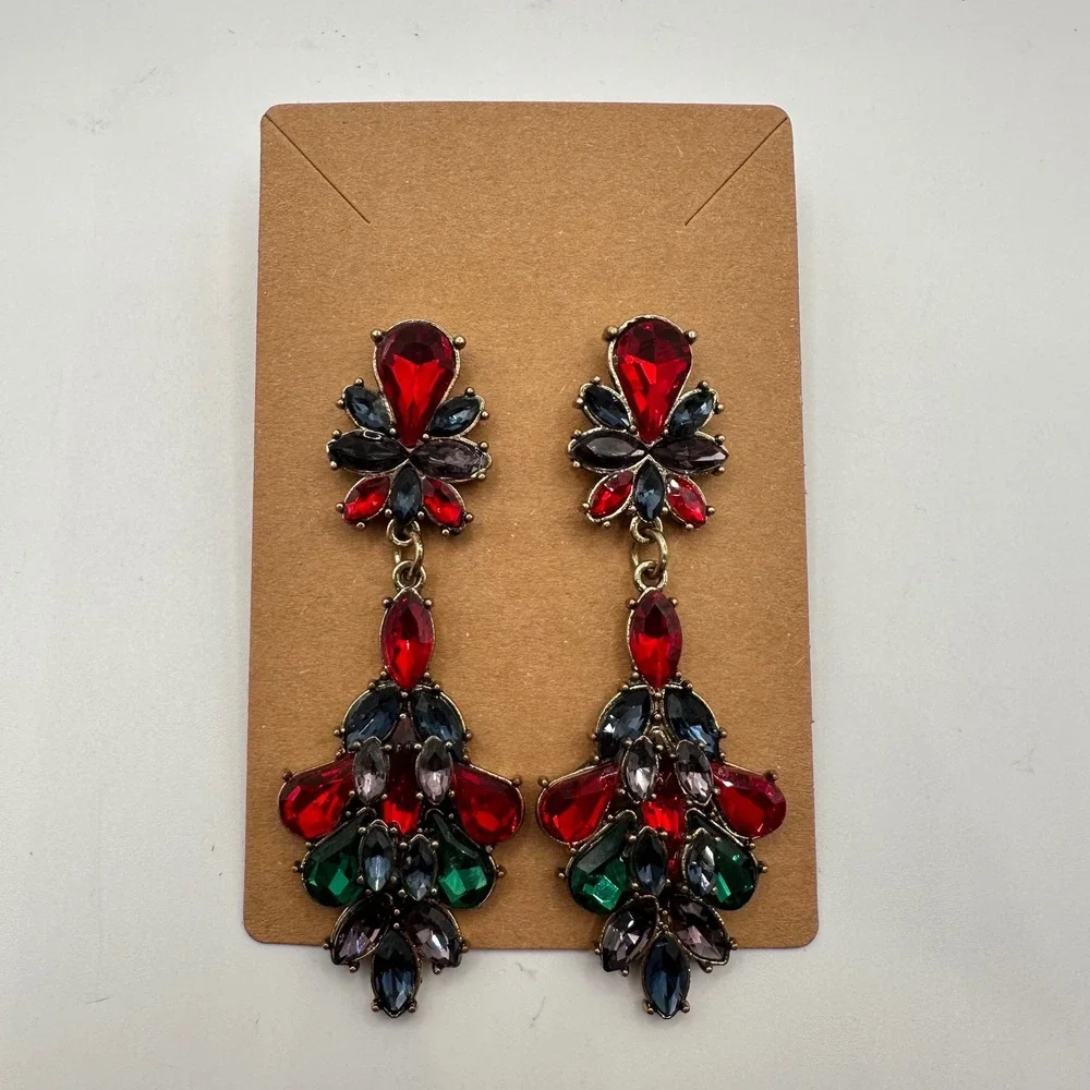 Vtg Crystal Chandelier Statement Earrings Red Gothic Whimsigoth Prom Glam Bling